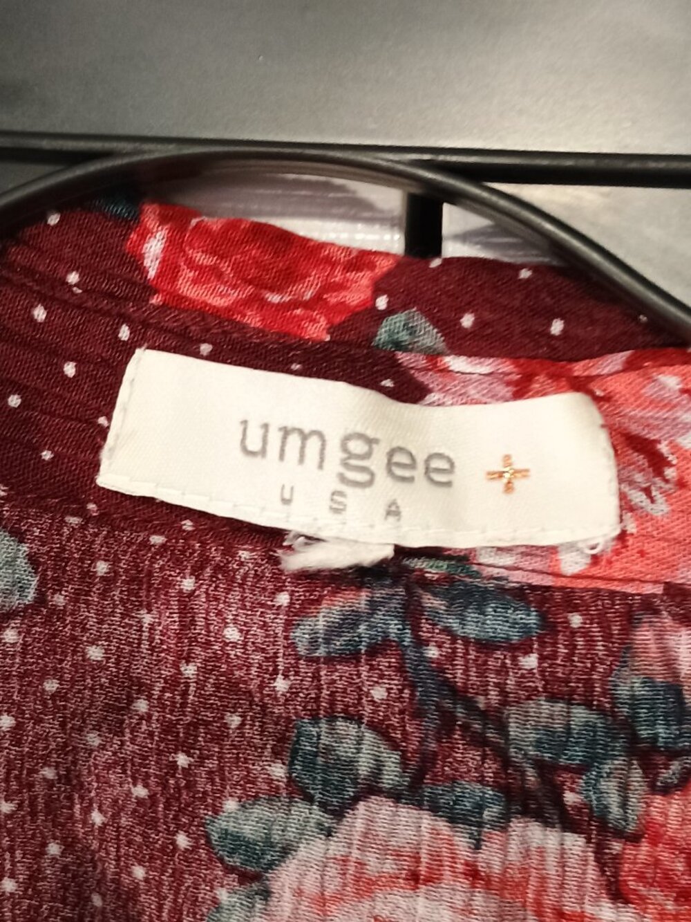 Umgee Burgundy Floral Polka Dot 3/4 Sleeve Ruffle Hem Blouse XL - Picture 6 of 8